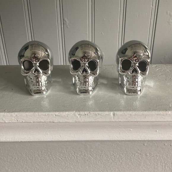 NWT Set of 3 Ceramic- Silver Pearl Finish Halloween Skull 💀 Decorations - Picture 10 of 17